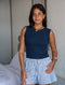 Women Summer Pajama set Dark Blue Top + White X Indigo Stripes Shorts